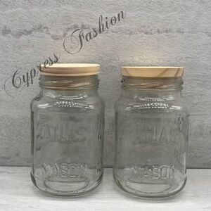 🎉 $5 Two Atlas 14 oz Glass Mason Jars with Wooden Lids
